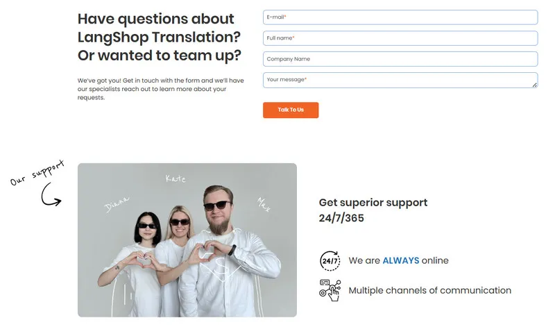 LangShop's 24/7 support page review LangShop
