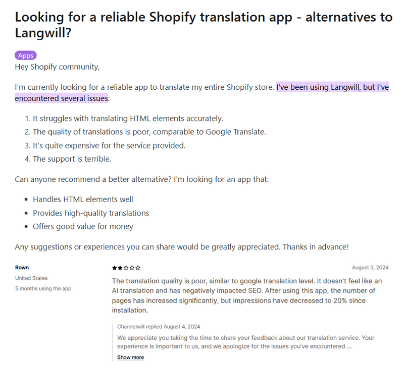 negative-reviews-for-langwill’s-translation-quality-from-the-shopify-app-store-and-reddit
