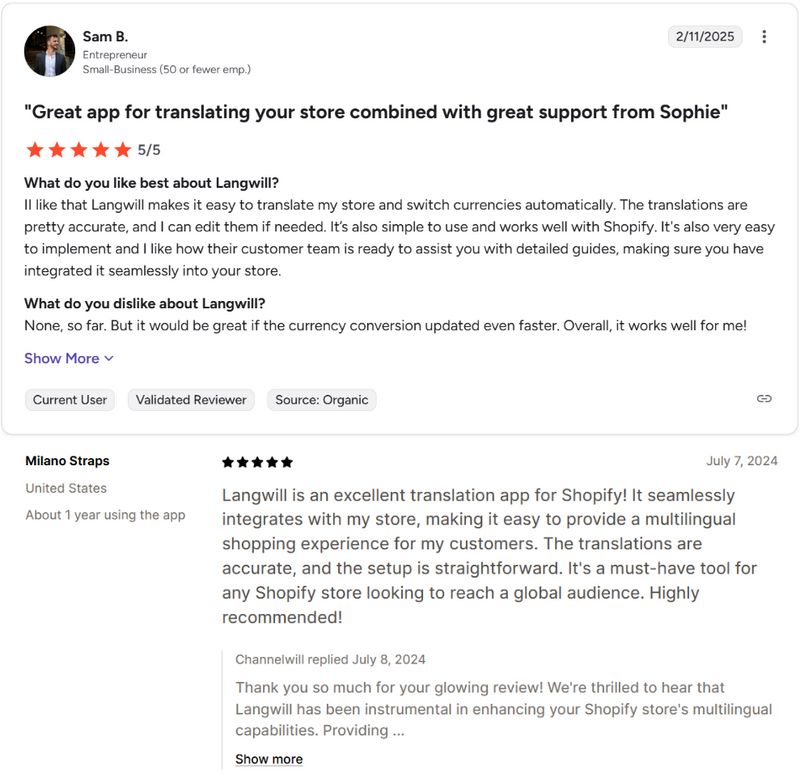 positive-reviews-for-langwill’s-translation-quality-from-the-shopify-app-store-and-g2-com