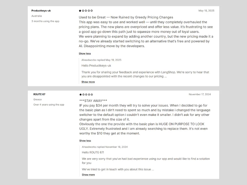 User complaints about LangShop's pricing Review LangShop